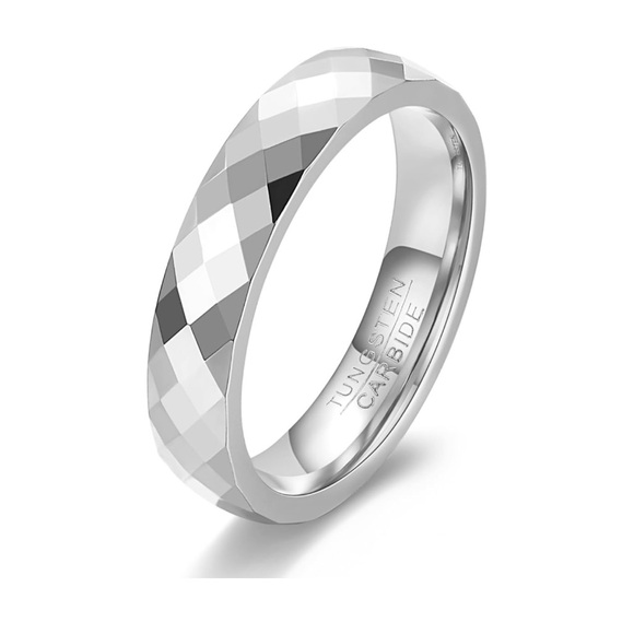 UNISEX - Silver 4mm Tungsten Wedding Band ~ Mens Womens Faceted Bridal Ring - Picture 1 of 9